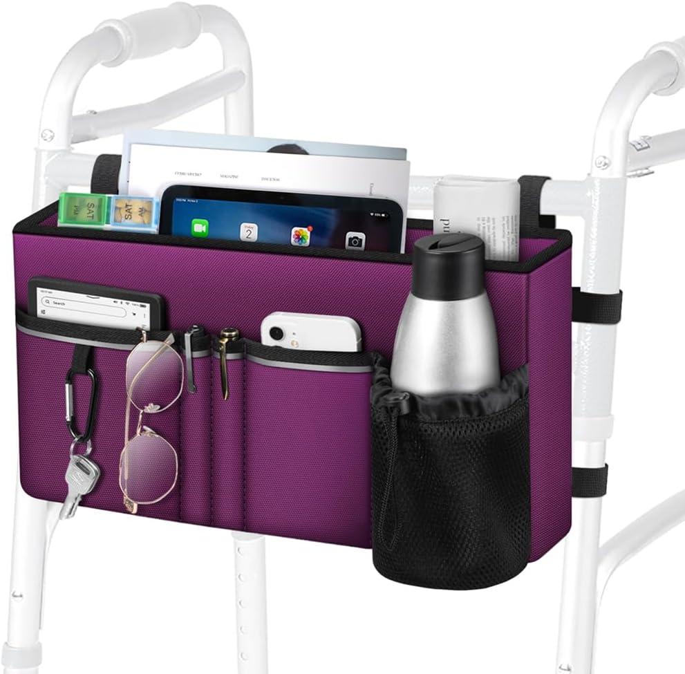 FINPAC Large Walker Tote Bag with Cup Holder, Folding Walker Attachment Hands-Free Storage Basket Mobility Aid Accessory Pouch for Elderly, Senior, Purple