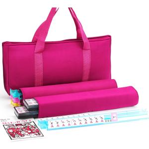 Mose Cafolo American Mahjong Game Set, Pinky Red Carrying Bag,166 Premium White Tiles,4 Color Racks/Pushers,100 Chips,1 Wind Indicator,Western Mahjong Tiles Set,Complete Ma Jong Set, 20 inches x 9 inches x 5 inches