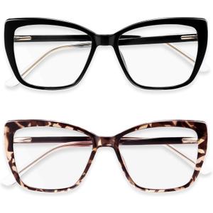 CCVOO Trendy Reading Glasses for Women, Oversized Blue Light Readers, Cheaters Eyeglasses, Stylish Square Cat Eye Glasses (Black + Tortoise)