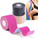Waterproof, Breathable Kinesiology Tape, 16ft Uncut Strips (3 Rolls), Kinetic Tape, Sports Tape for Knee Pain & Elbow, Elastic Athletic Tape for Sports & Weightlifting, Muscle Strain Relief - Black + Beige + Pink (3 Rolls Kinesiology Tape)