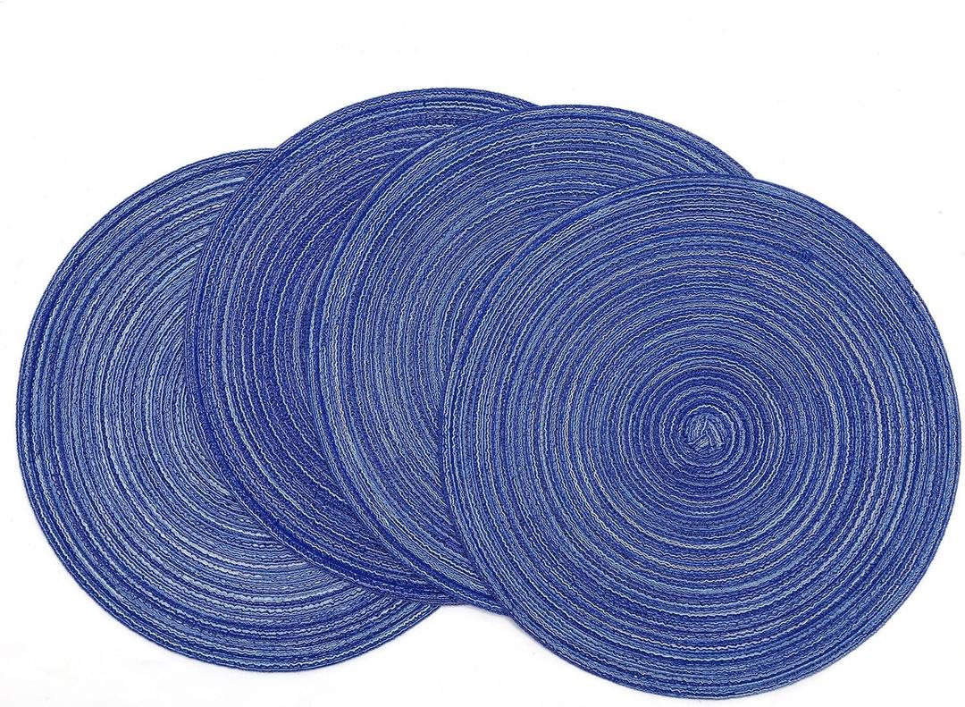 SHACOS Round Braided Placemats 15 inch Set of 4 Washable Cotton Polyester Braided Kitchen Table Placemats for Home Wedding Party (Blue White, 4)