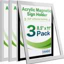 Acrylic Sign Holder 8.5" x 11" Wall Mount, Self Adhesive Magnetic Display Frame with Nano Tape, Plastic Clear Document Frame for Office, Store, School, Home, Wall Picture Frame (Silver, 3Pack)