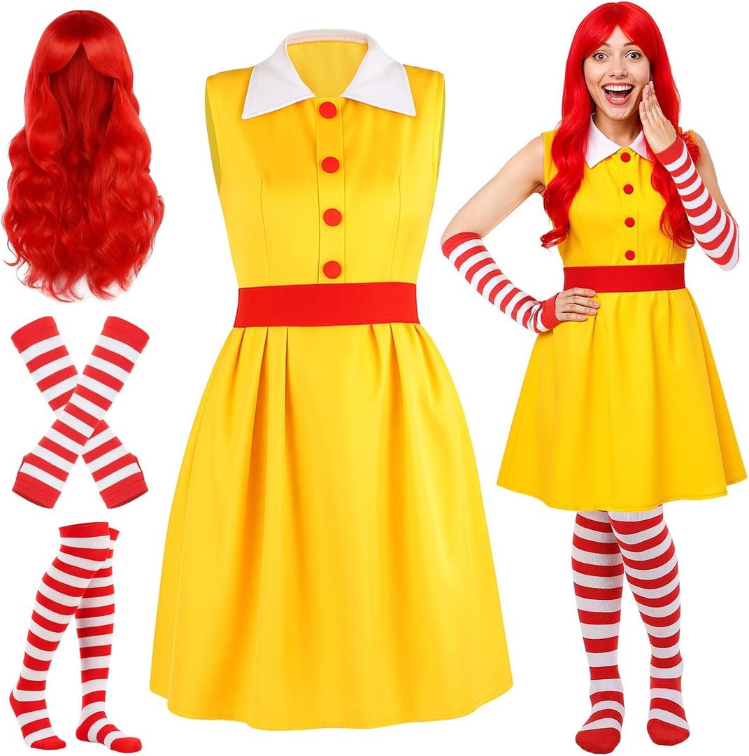 TaoBary 4 Pcs Halloween Fast Food Clown Waitress Costume Set for Women Long Arm Gloves Knee High Socks Red Wig for Cosplay (Medium)