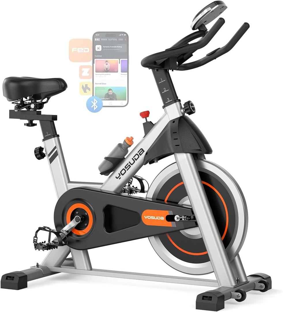 YOSUDA Exercise Bike, Brake Pad Stationary Bike for Home with Exclusive App, Magnetic Indoor Cycling Bike with 300 lb Weight Capacity, Low Noise, Tablet Holder and Fitness Courses for Weight Loss (Friction-1.0)