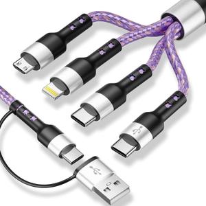 Dual Type-C 4-in2 Multi Charging Cable 5FT, Travel Essential for Airplane & Cruise Trips, USB A/C to Dual USB C/IP/Micro USB, Compatible for iPhone 17-8, Android, iPad, Galaxy, Tablet