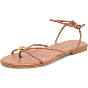 Riekhany Strappy Flat Sandals for Women Summer Round Toe Metal Bead Flip Flop Sildes with Ankle Buckle Strap Beach Flats Shoes (Brown)