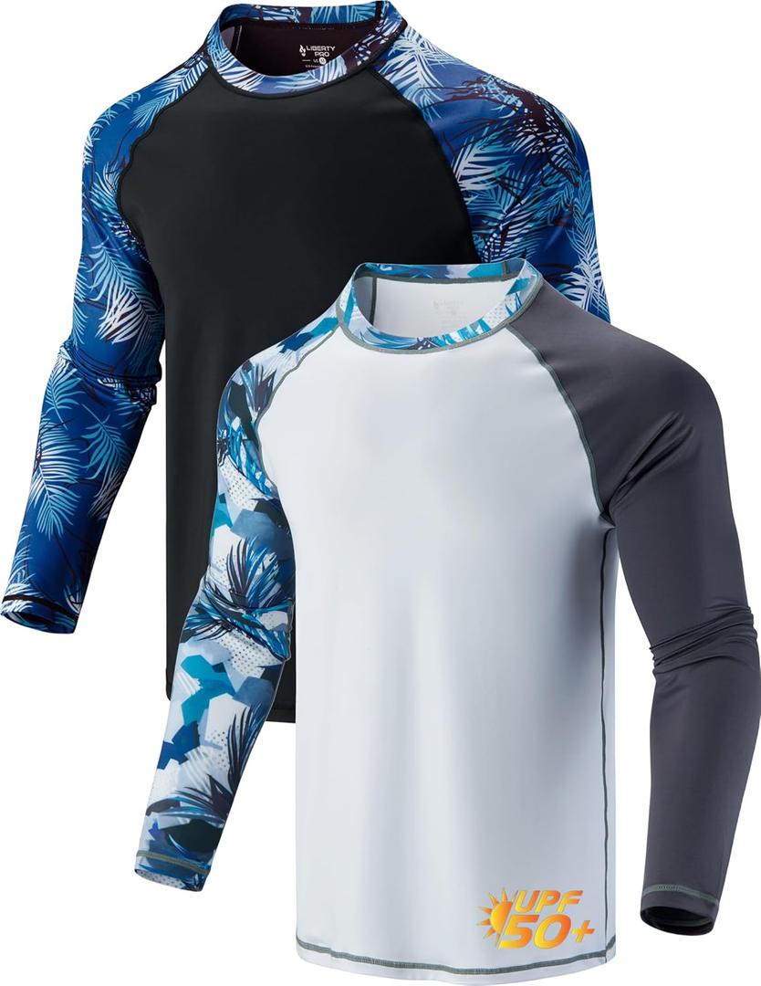 2 Pack Men’s Rash Guard Long Sleeve Swim Shirts UPF 50+ Sun Protection – Quick Dry Lightweight UV Fishing Surf Shirt (Set 5, Medium)