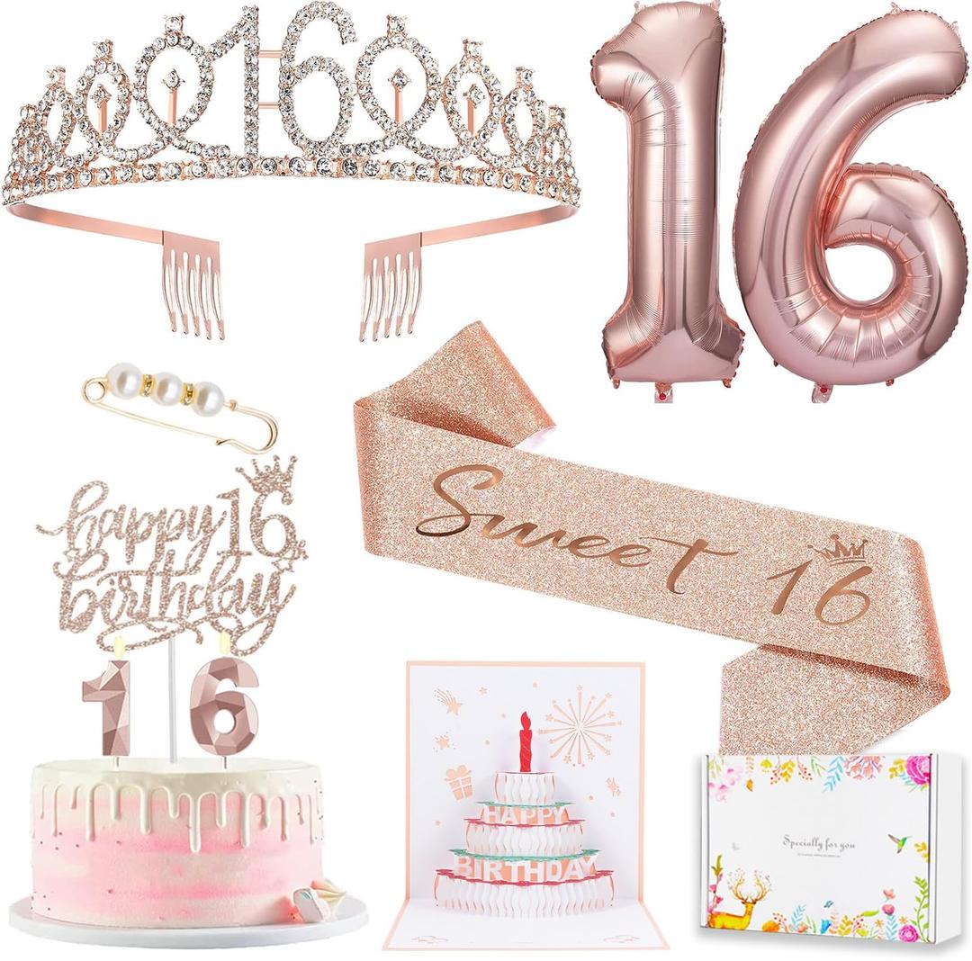 Sweet 16 Birthday Party Decorations for Girls, Sweet 16 Sash and Tiara, Pop up Card, Cake Toppers, Number Candles and Balloons, 16th Birthday Gifts for Girls