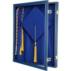 CroBlissful 1 Pcs 17"x23" Graduation Shadow Box Frame Large Wood Display Case with Stick Pins Hanging Hardware Graduation Gown Display Memory Shadow Box for Cap Gown Diploma Stole Cords (Blue)