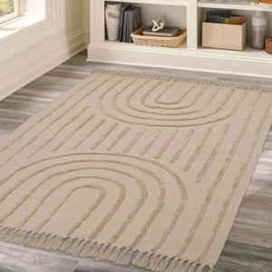 LEEVAN Boho Rainbow Area Rug Floor Carpet 4x6 ft, Farmhouse Rugs Washable Woven Living Room Rug Tan Cotton Woven Accent Rug for Indoor Outdoor Kitchen/Hallway/Bedroom/Bohemian Patio Rug