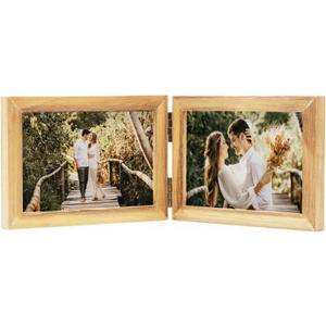 Double Horizontal 4X6 Picture Frames Hinged Folding Rustic Photo Frames in Brown for Wall Hanging or Tabletop Standing, Made of Pine Wood with Real Glass P-H64*2-MU