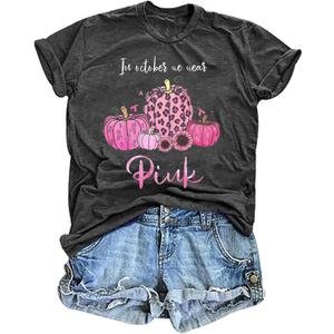 Breast Cancer Shirts for Women Breast Cancer Awareness Shirt in October We Wear Pink Pumpkin Graphic Tee Pink Ribbon Tee Top (Medium, Grey)