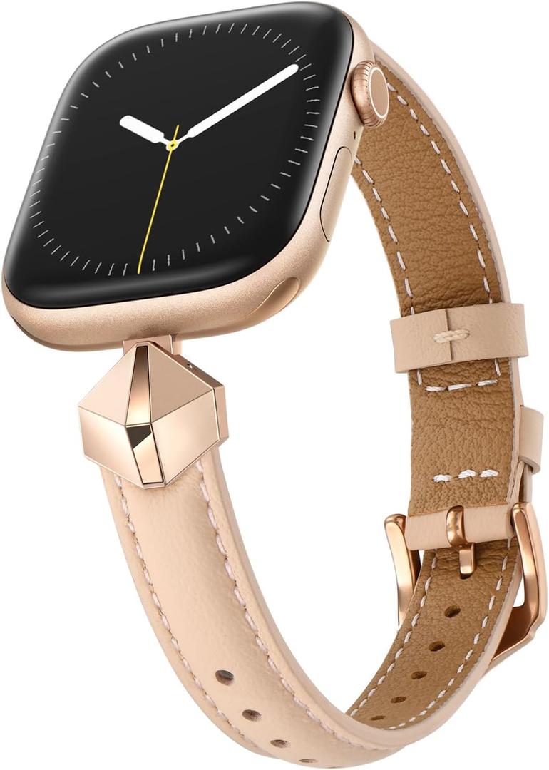 WFEAGL Leather Band Compatible with Apple Watch Bands Women 38mm 40mm 41mm 42mm(Series 11/10),Dressy Slim Grain Genuine Leather band for iWatch SE Series 11/10/9/8/7/6/5/4/3/2/1-PinkSand/RoseGold