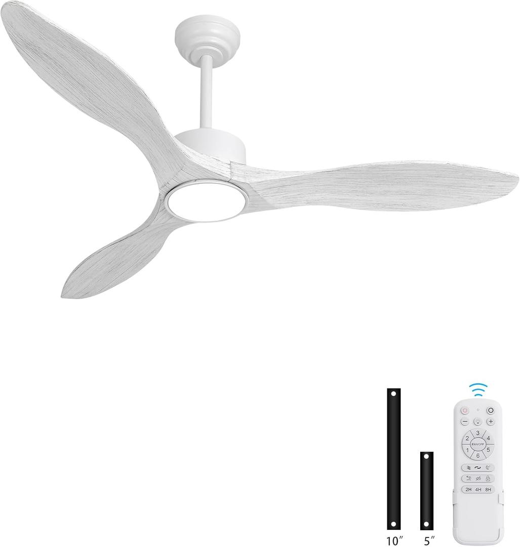 52 Inch White Ceiling Fan with Lights and Remote, Retro White Wood Low Profile Flush Mount Modern Ceiling Fan for Indoor Farmhouse Bedroom Living Room Outdoor Patio Porch, Reversible DC Motor