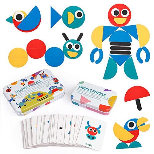 Coogam Wooden Pattern Blocks - Tangram Shape Puzzle Set Color Sorting Stacking Game Wood Animal Jigsaw Preschool Montessori Brain Teaser STEM Gift for 3 4 5 Years Old Toddler Kids (60 Pattern Cards)