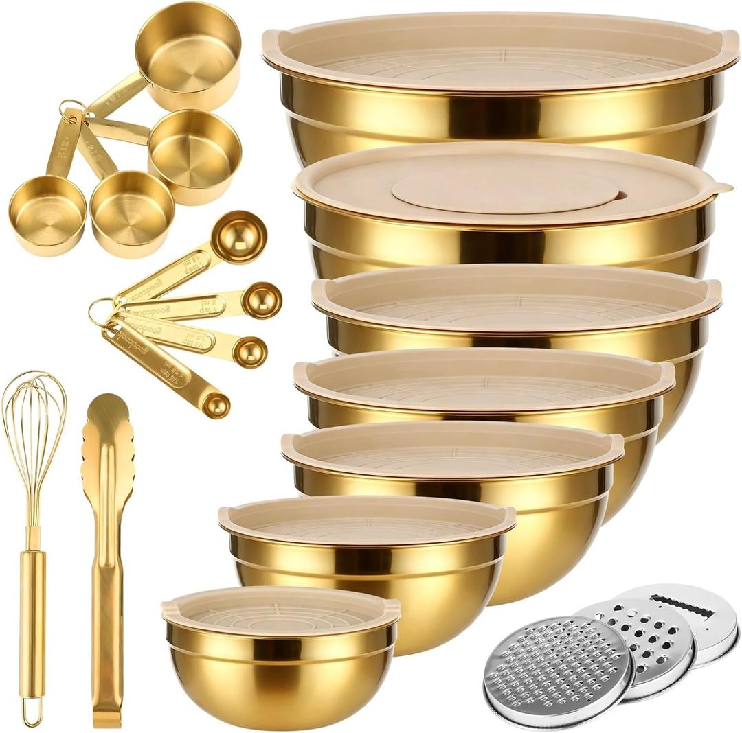 20 PCS Gold Mixing Bowls with Lids Set - 7 Mixing Bowls with 3 Graters, 8 Measuring Spoons, 1 Whisk, and 1 Food Tong, Nesting Bowl Set for Baking, Cooking, Meal Prep