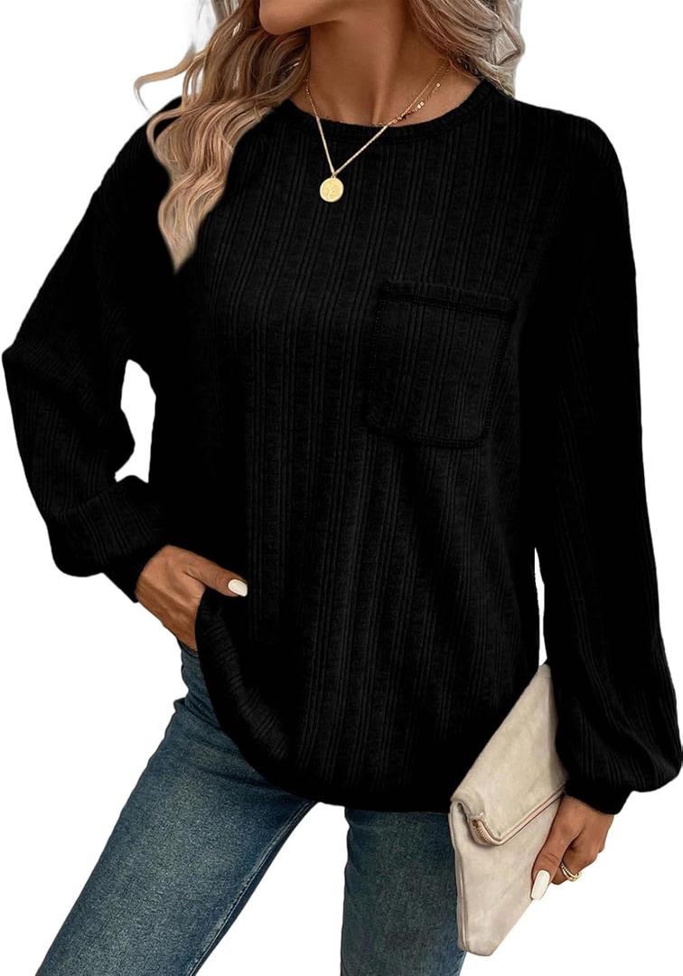 Dokotoo Long Sleeve Shirts for Women 2025 Casual Solid Crewneck Knitted Loose Fit Pullover Shirts Tops (Black, L)