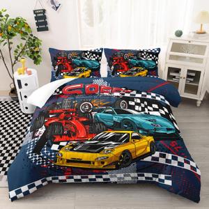 AILONEN Racing Car Comforter Set Full Size, Cool Speed Race Car Bedding Sets for Kids Boys,Automobile Extreme Sport Duvet Set,Checkered Squares Quilt Set,3 Pieces,1 Quilt and 2 Pillowcases,Microfibre