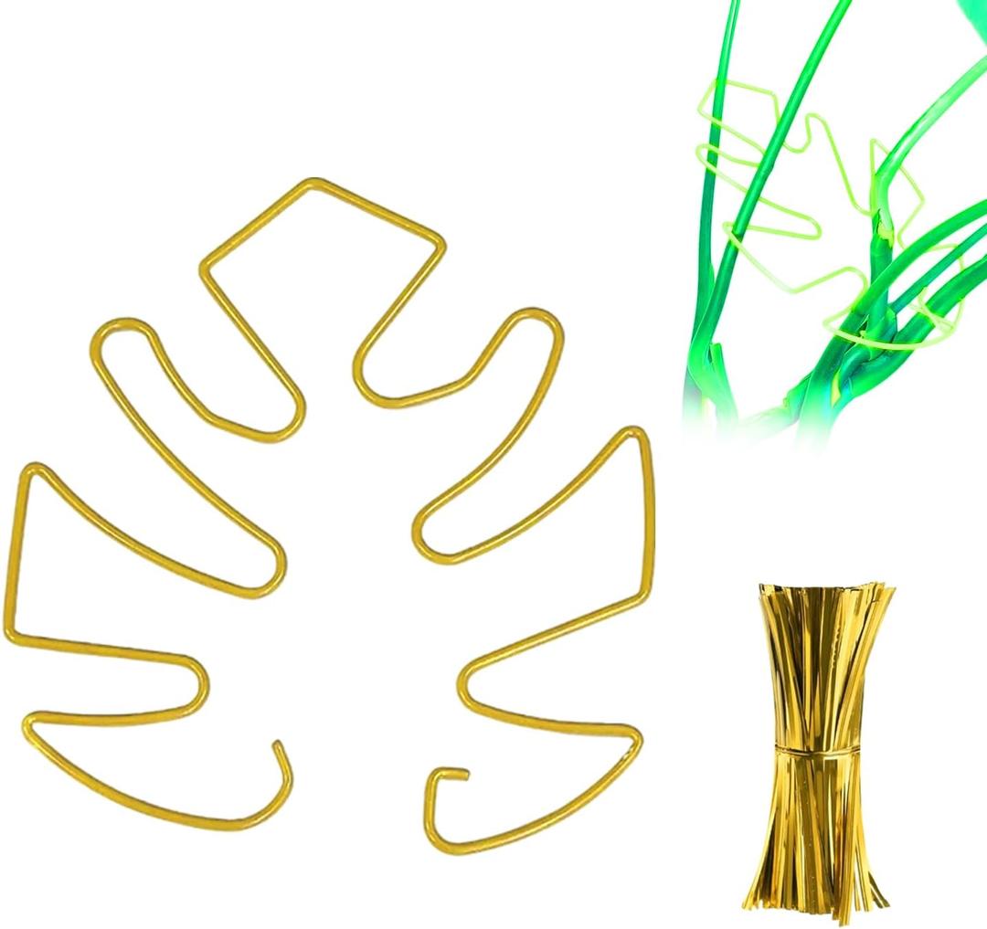 Decorative Plant Support Clips, Gold Metal Stem Holder, 6-Pack, Spiral Flower Design for Indoor Climbing Plants (6, Leaf)