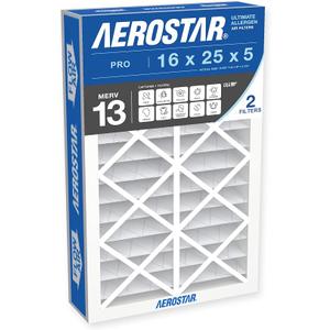Aerostar 16x25x5 MERV 13 Air Filter, Pleated AC Furnace HVAC Filters (15.625x24.125x4.875), for Allergies Asthma Dust Pet Dander Pollen Smoke Bacteria, MPR 1200 FPR 7, USA, 2 Pack