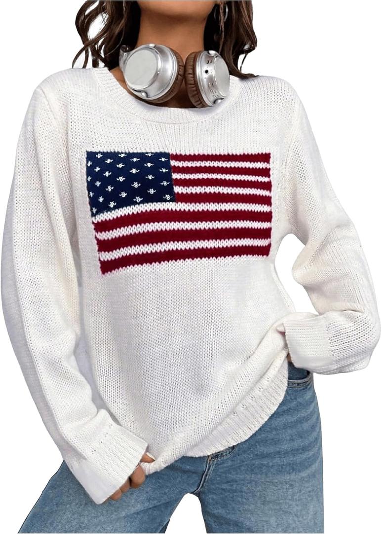 GORGLITTER Women's American Flag Fall Sweaters 2025 Oversized Long Sleeve Knit Graphic Pullover Top (X-Large, White Letter)