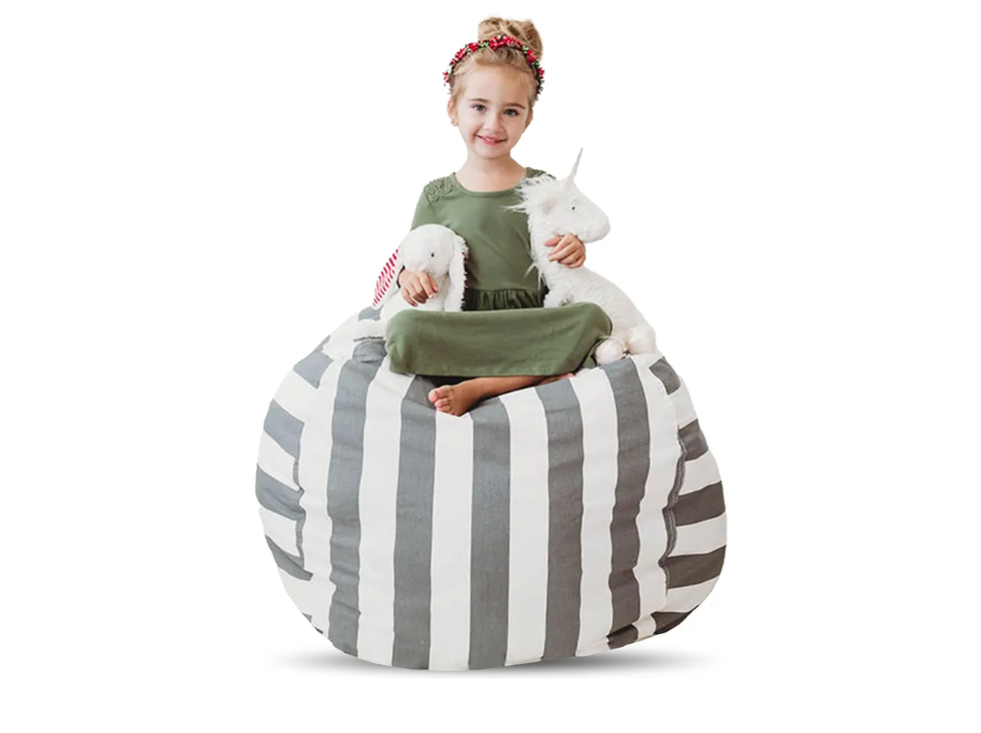 Creative QT Stuff ’n Sit Large 33’’ Bean Bag Storage Cover for Stuffed Animals & Toys, Giant Bean Bag Chair for Kids, Plush, & Toddler Bedroom Organizer, Gray/White Stripe