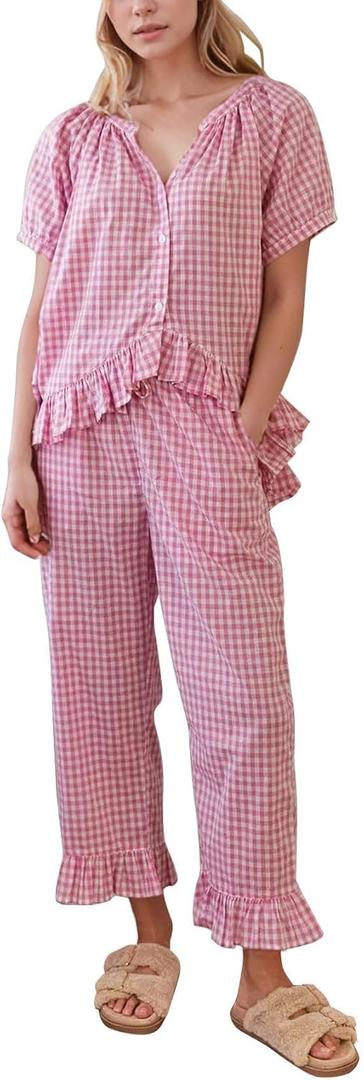 Flygo Women's Plaid 2 Piece Pajamas Sets Gingham Button Down Puff Sleeve Babydoll Shirt Ruffle Pants Y2K Pjs Lounge Set (Large, Pink) Flygo Women's Plaid 2 Piece Pajamas Sets Gingham Button Down Puff Sleeve Babydoll Shirt Ruffle Pants Y2K Pjs Lounge Set (Large, Pink)