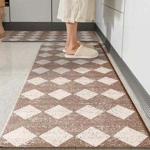 Khaki Beige Moroccan Trellis Checkered Kitchen Rug Sets [2 PCs], Anti-Fatigue, Waterproof Non-Slip Kitchen Mats Heavy Duty Ergonomic Comfort Foam Rug for Floor, Home, Laundry, 17"x29"+17"x47"