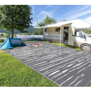 HEBE Outdoor Rug 9'x18' for Patios Clearance Waterproof Patio Mat Plastic Straw Rug Reversible RV Camping Tent Rug Outside Indoor Outdoor Area Rugs for RV,Deck,Beach,Balcony,Camper (Stripe/Grey)