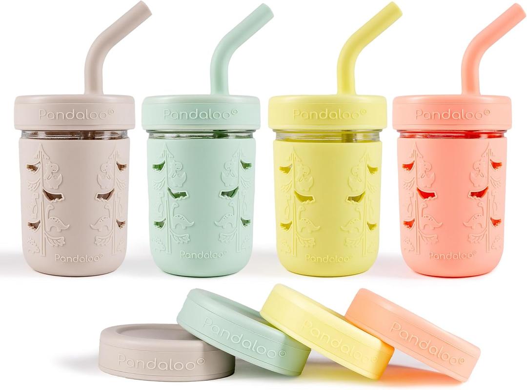 Pandaloo Mason Jar Toddler Cup - 8 oz Spill-Proof Glass Tumbler with Silicone Straw and Lid, Non-Slip Sleeve, BPA-Free Toddler Snack Cups - Perfect Smoothie Cups with Lids and Straws for Kids (Pack of 4, Creamy Mushroom/Sweet Sage/Sunny Lime/Fuzzy Peach)