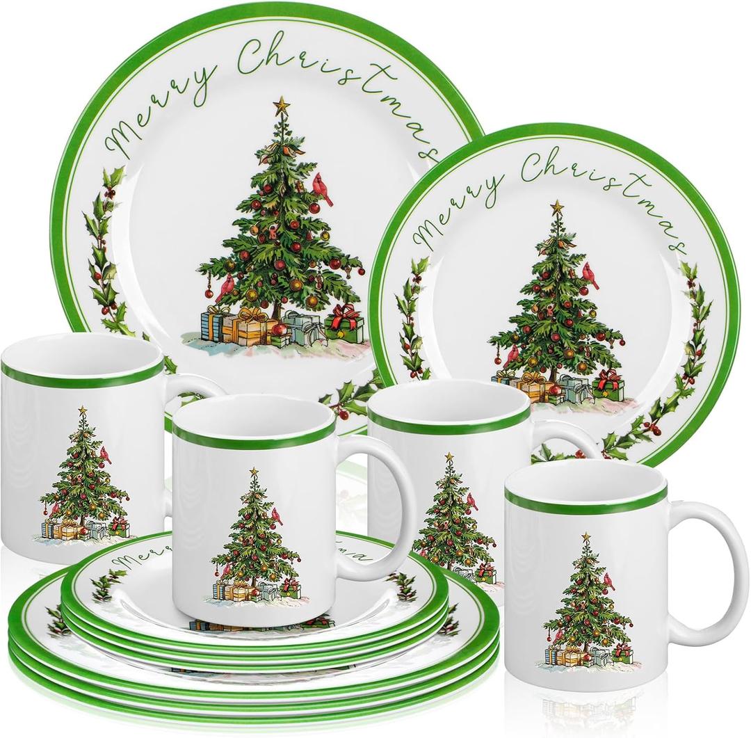 Teenyyou 12 Pcs Christmas Tree Dinnerware Set Service for 4 Include 10'' Melamine Dinner Plate and 8'' Dessert Plate Ceramic Mug for Xmas Party, Gift for Christmas