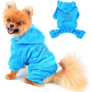 SELMAI Dog Jumpsuit Hoodie Sweatshirt Dog Fleece Sweater Coat Small Pet Clothes Rhinestone Crown Blue M (M (back: 11.0inch, chest: 17.5inch))