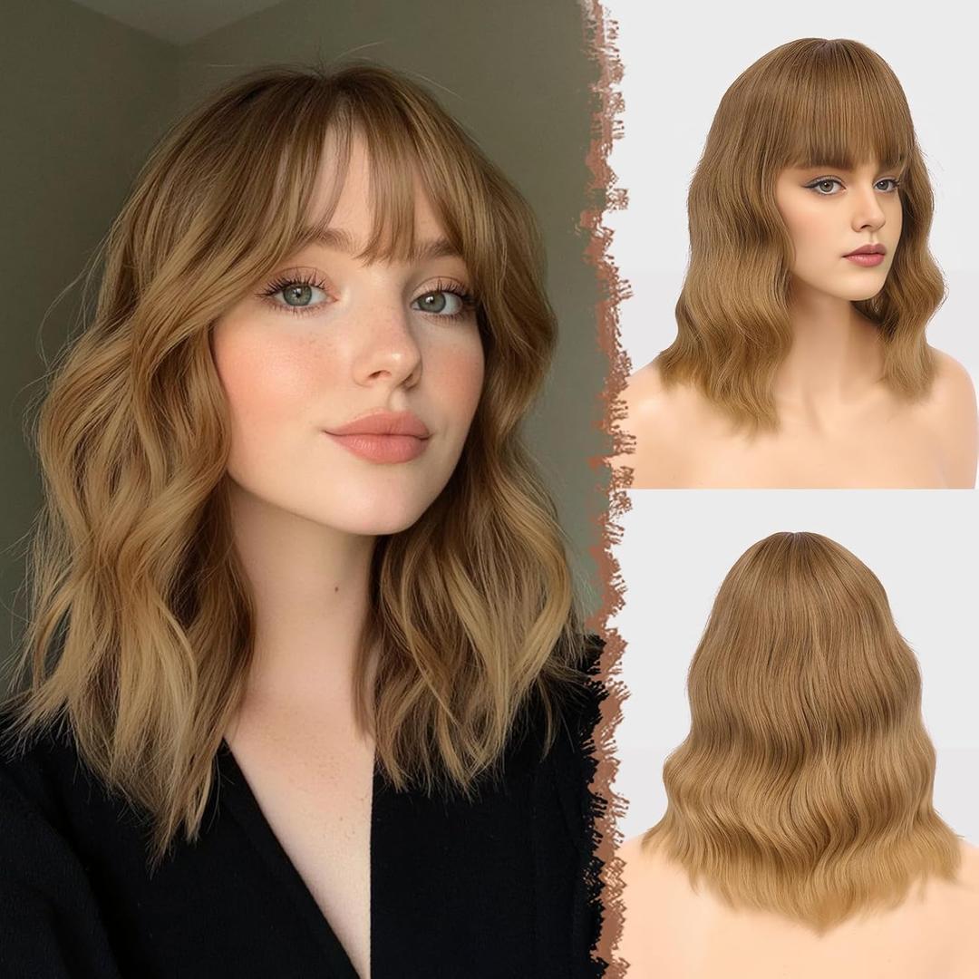 FESHFEN Brown Ombre Blonde Bob Wig with Bangs, Shoulder Length Wavy Synthetic Short Hair Wig for Women Party Daily Use, 14 inch