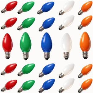 25 Pack C7 LED Multicolor Replacement Bulbs, Christmas Multicolor Ceramic LED Light Bulbs Vintage Light Bulbs for Christmas Indoor Outdoor String Lights, E12/C7 Candelabra Base, 0.6 Watt