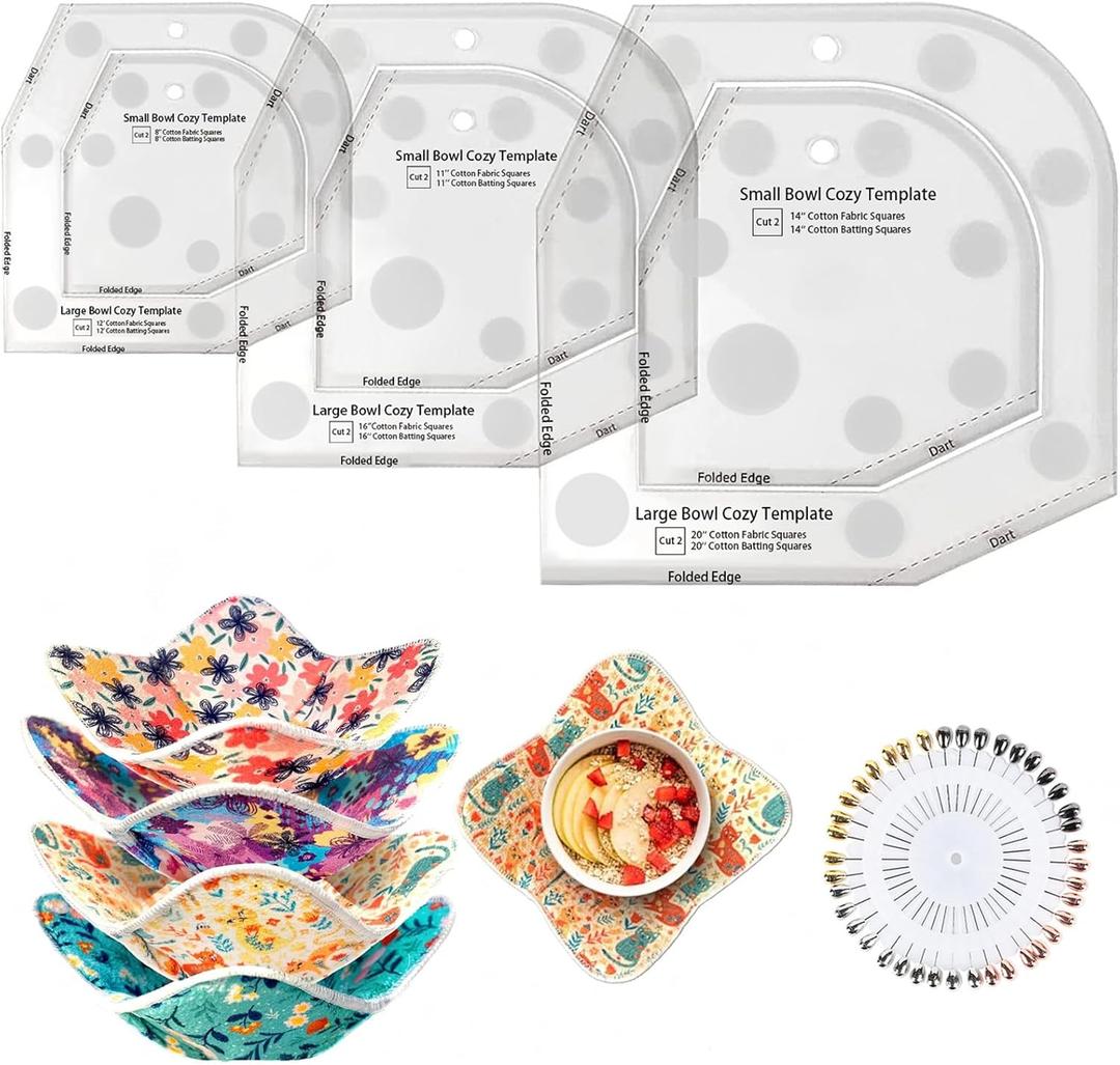 Bowl Cozy Template Cutting Ruler Set 3 Sizes, Acrylic Transparent Sewing Patterns Quilting Templates, Bowl Cozy Pattern Quilting Rulers for DIY Kitchen Art Craft