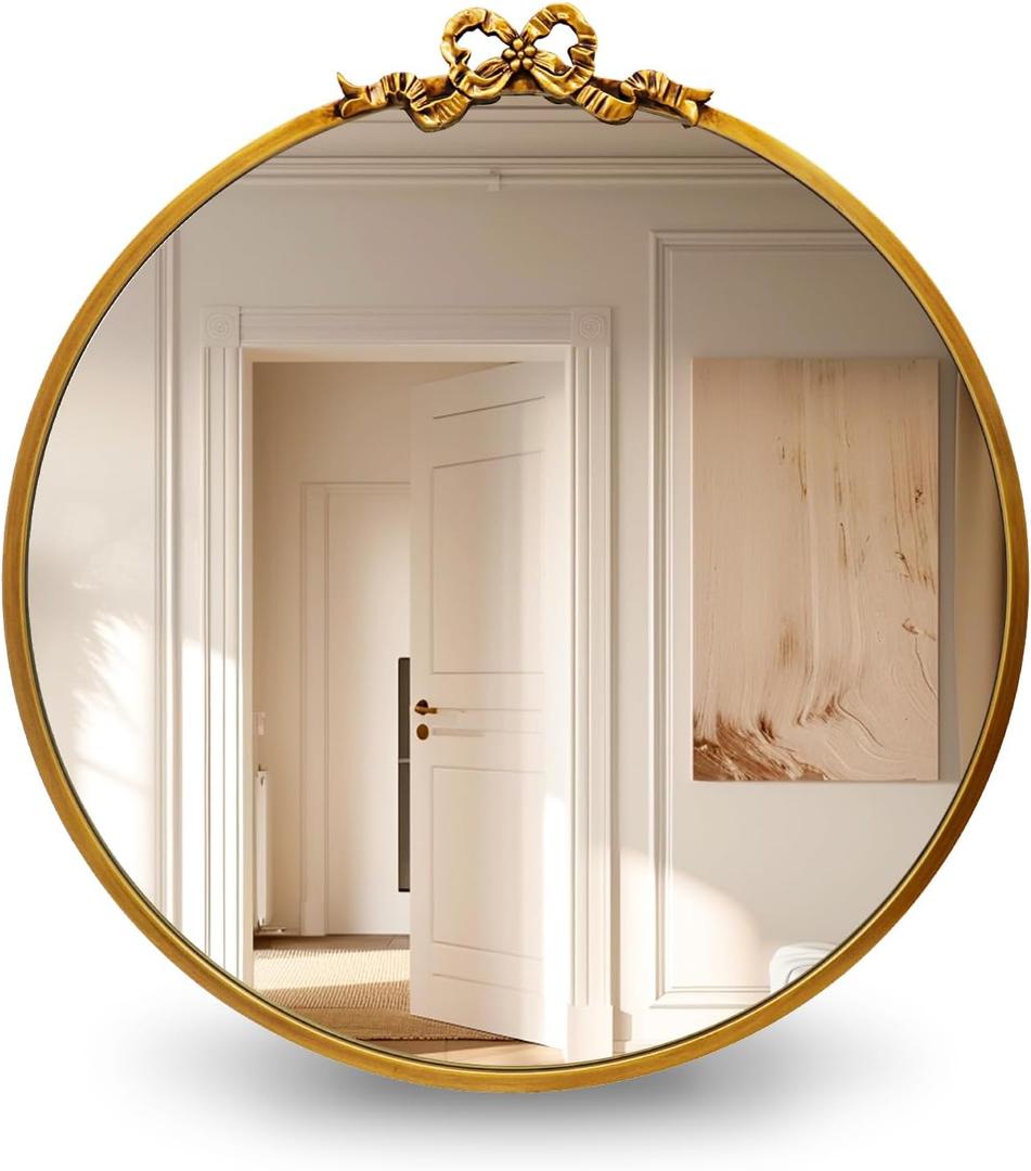 Vintage Gold Round Mirror 23.6inch Decorative Bow Mirrors for Wall Antique Bathroom Vanity Ornate Wall Mirror, Baroque Bow Decor with Metal Frame for Living Room, Entryway, Bedroom, Hallway