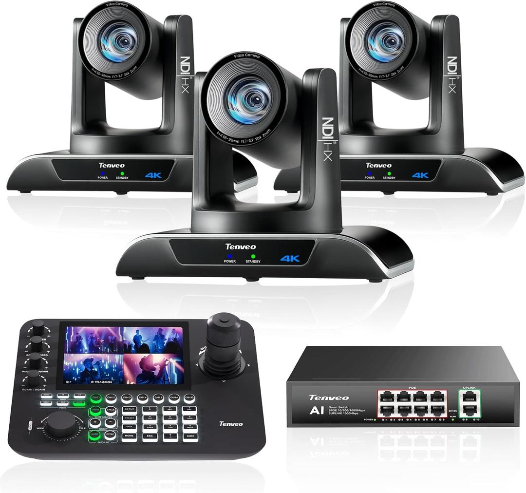 Tenveo 4K 20X NDI PTZ Camera with AI Humanoid & Face Auto-Tracking HDMI/USB3.0/LAN(PoE) (3pcs) and 7’’ LCD Quad-Screen NDI PTZ Joystick Controller and 8 Port PoE Switch Bundle/Kit for Live Production