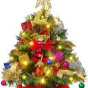 JOIEDOMI 24"/2FT Pre-lit Tree with Decoration Kit Artificial Christmas Tabletop Tree with 70 Branch Tips 30 LED Lights, Includes Star Topper Ornaments, Battery Operated Mini Tree for Indoor Xmas Decor