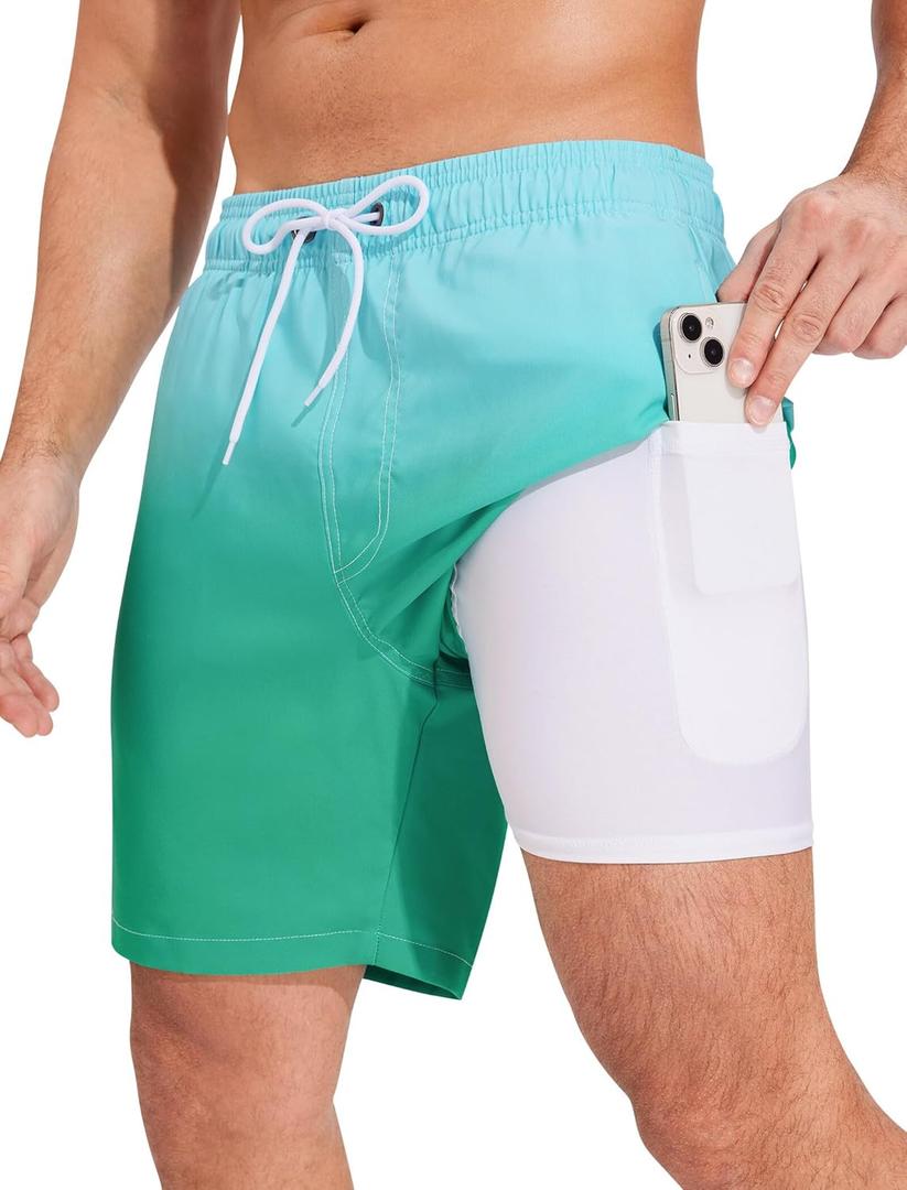 SILKWORLD Mens Swim Trunks Quick Dry Compression Liner 2 in 1 Shorts Men Swimsuit (X-Large, Blue Green Gradient)