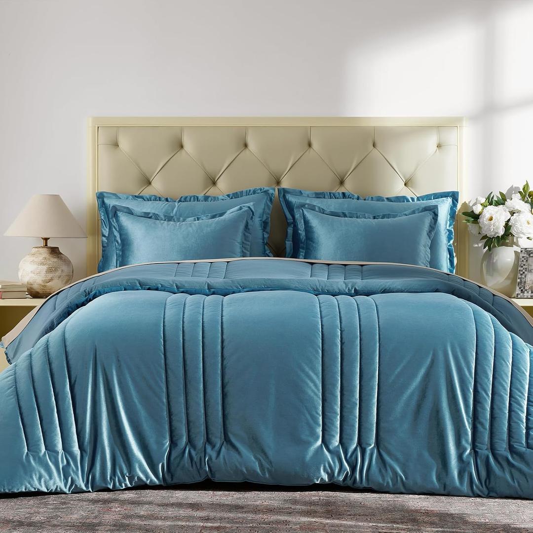California King Blue Velvet Comforters: 3 Pieces Luxury Soft Bedding Comforter Set for All Seasons - Grayish Stone Blue Striped Boho Rustic Lightweight Men Women Oversized King Comforters with 2 Shams