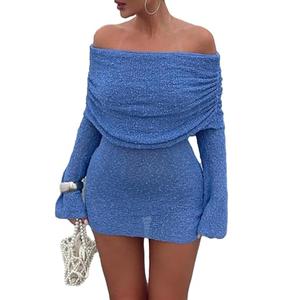 Unybwonn Women's Off Shoulder Mini Short Dress Bodycon Long Sleeve Crochet Sexy Going Out Mesh Elegant Sweater Dresses Blue (Large)