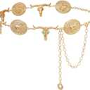 WHIPPY Western Metal Concho Belt for Women Vintage Cowgirl Boho Turquoise Chain Belts for Dresses Jeans (Gold, M)