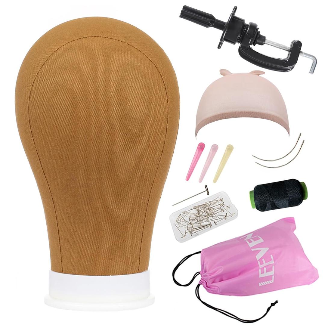 Leeven 21"-24" Canvas Block Head for Wigs Styling & Display - Brown Mannequin Canvas Wig Head With Stand, Wig Cap, T-Pins, C-Needles, C Clamp & Hair Clips