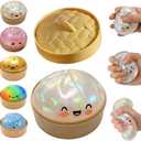 Glitter Dumpling Squishy, Dumpling Squishies, Mystery Box Squeeze Toy, Colorful Stress Balls Fidget Sensory Toy with Steamer,Suitable for Adult use in Offices and Homes (Glitter White)