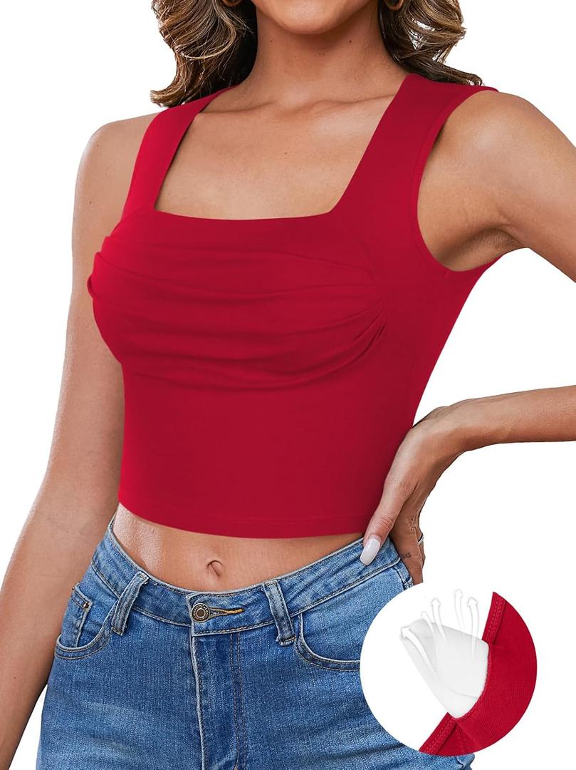 V FOR CITY Women's Crop Tank with Built-in Bra Square Neck Crop Tops Summer Sleeveless Cropped Camis M