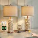 OYEARS 3-Way Dimmable 22'' USB A+C Touch Control Table Lamp Set of 2 with Nightlight for Living Room Bedroom Farmhouse Bedside Nightstand Lamps (Brown, Bulb Included)