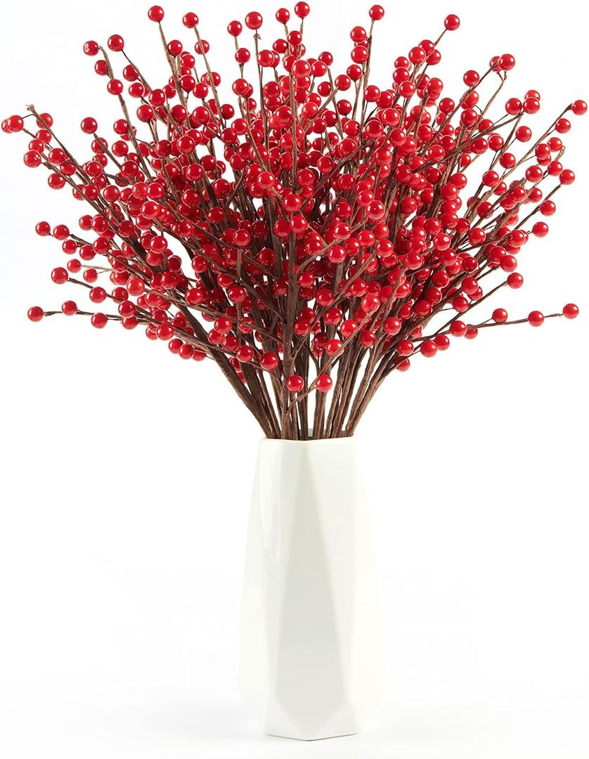joyhalo 24 Pack Red Berry Stems - 17'' Holly Berry Stems, Red Berries Christmas Decor, Red Berry Picks for Christmas Tree Filler Branches, Artificial Cranberries Ornaments Crafts Holiday Home Decor