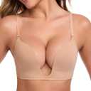HACI Deep U Bra for Women Plunge Push Up Underwear Cleavage Seamless Low Neckline Padded Red Carpet Comfort 38C