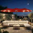 15FT Large Outdoor Patio Umbrella with Solar Lights and Base, Double-Sided Table Umbrellas with 48 LED Lights, Rectangle Market Umbrella for Pool, Deck, Backyard
