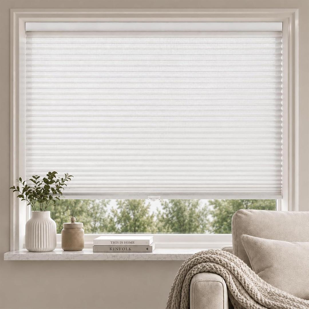 Cordless Light Filtering Cellular Shades for Indoor Windows, Honeycomb Window Blinds with Color-Matched Headrail, Easy Lift Shades for Bedroom, Living Room & Office, White, 27" W x 72" H